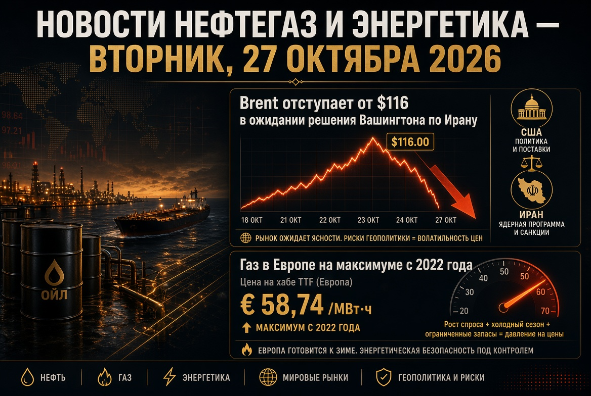 石油ガスニュースとエネルギー - 2026年10月27日火曜日：イランに対するワシントンの決定を待つ116ドルからのブレントの後退、2022年以来のヨーロッパのガス最高値