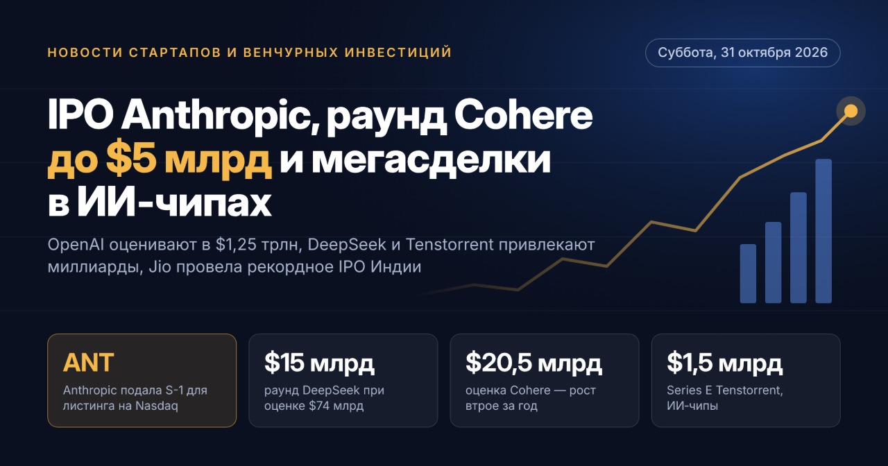 スタートアップ・ベンチャー投資ニュース — 2026年10月31日（土）：AnthropicのIPO、Cohereの最大50億ドルラウンド、AIチップ分野の大型案件