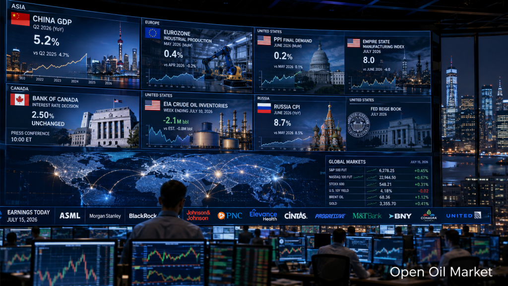 2026年7月15日の世界市場: 中国 GDP, 米国 PPI, カナダ銀行, EIA 原油在庫, ASML、モルガン・スタンレー、ブラックロックの報告