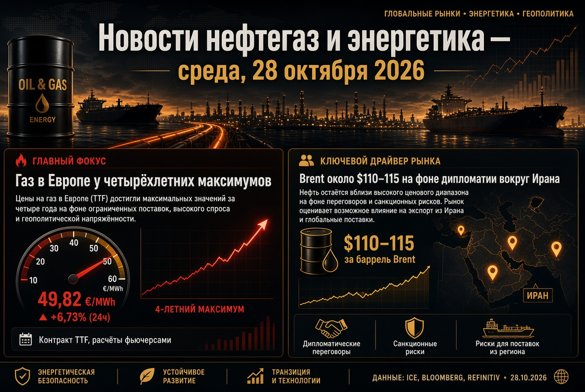 石油・ガスおよびエネルギーのニュース — 2026年10月28日: ヨーロッパのガスが4年ぶりの最高値、ブレントは110〜115ドル付近、イラン外交を背景に