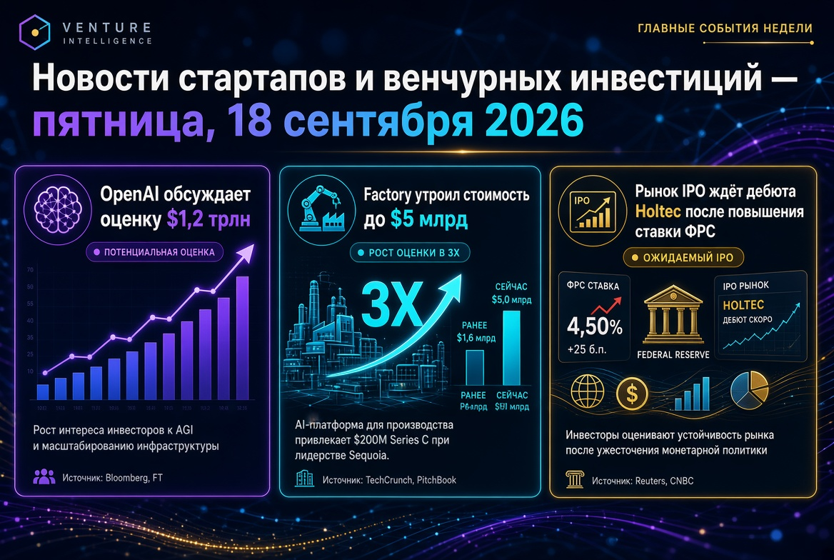 スタートアップとベンチャー投資のニュース - 2026年9月18日金曜日：OpenAIが1.2兆ドルの評価を議論、Factoryが評価額を50億ドルに引き上げ、IPO市場が利上げ後のHoltecのデビューを待機