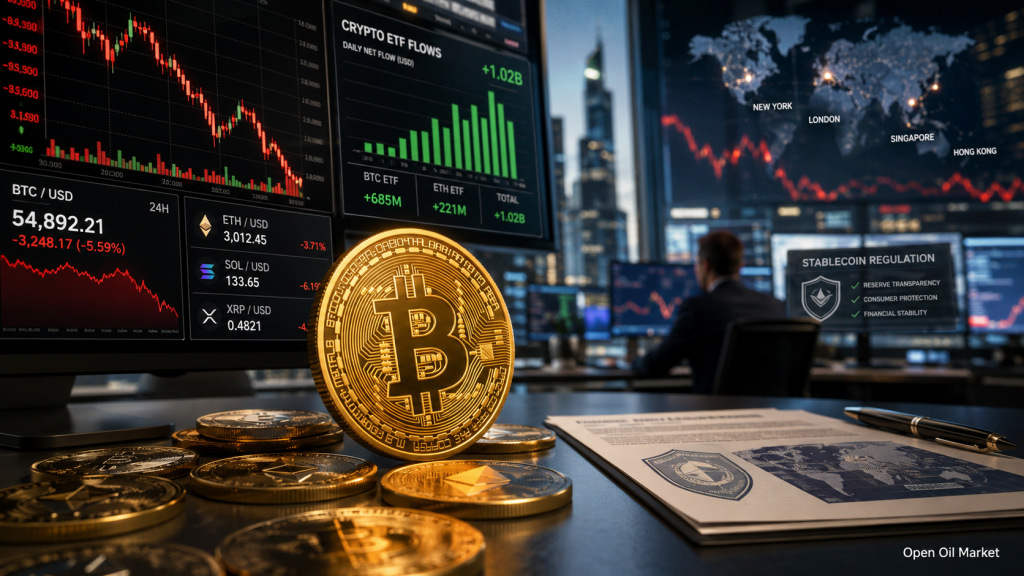 2026年7月9日の暗号通貨市場：ビットコインの圧力、ETFへの流入、イーサリアム、ソラナ、XRP、安定通貨の規制