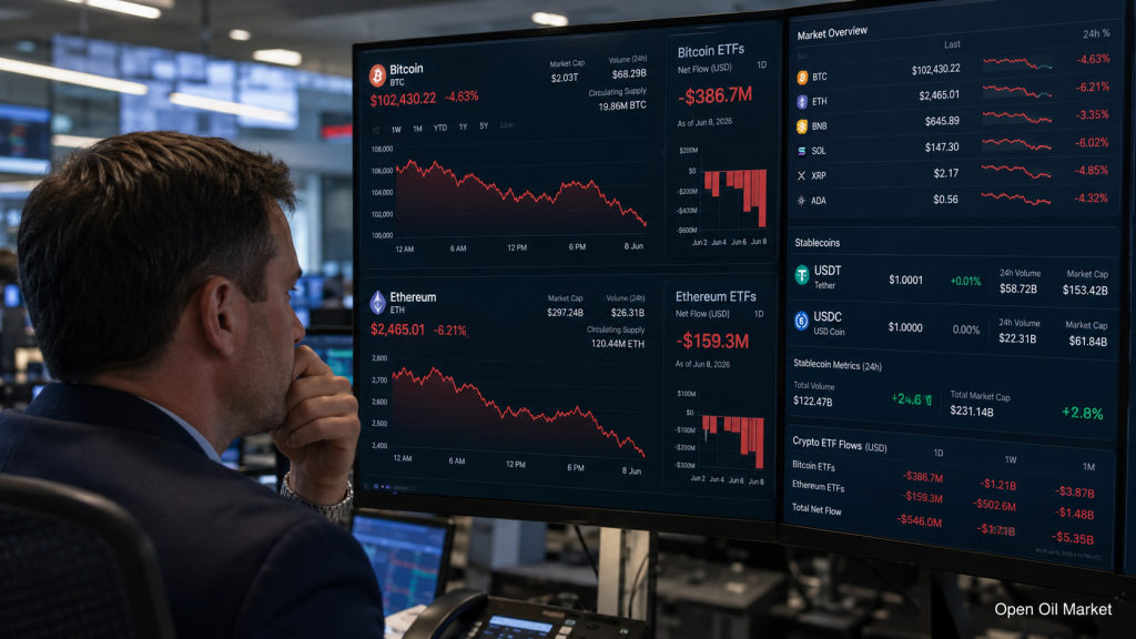 2026年6月8日暗号資産市場：ビットコインは圧迫、イーサリアムは下落、ステーブルコインは地歩を固める