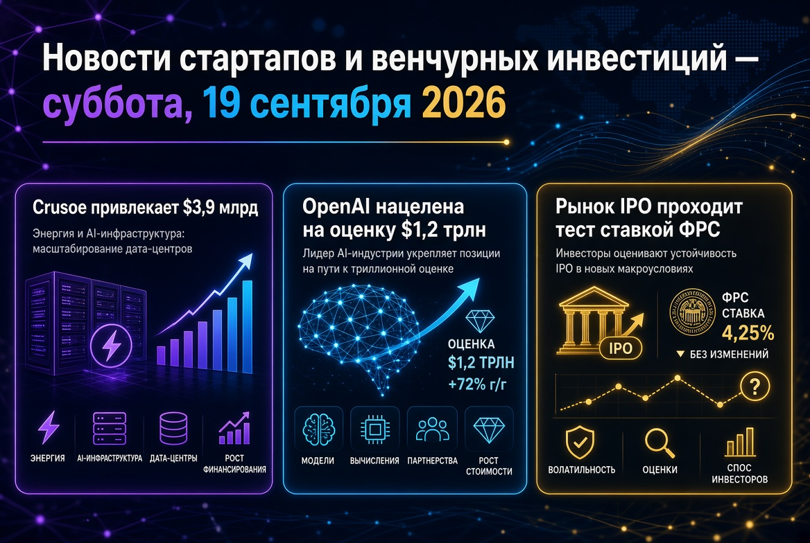 スタートアップとベンチャーキャピタルのニュース — 2026年9月19日：クルソーが39億ドルを調達、OpenAIは1.2兆ドルの評価を目指し、IPO市場はFRB金利によるテストを受けています。