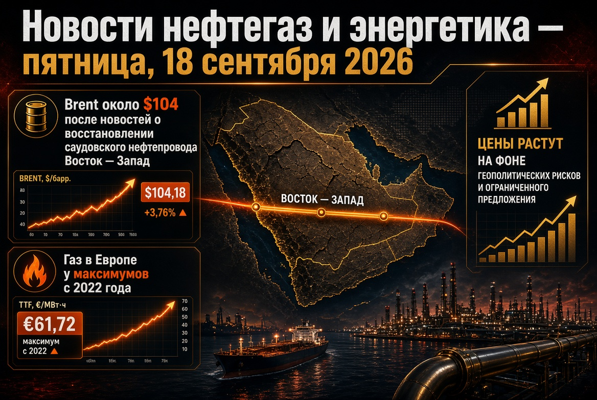 石油・ガスニュースとエネルギー - 2026年9月18日金曜日: ブレントはサウジアラビアの東西パイプライン復元のニュースを受けて約104ドル、ヨーロッパのガスは2022年の最高値