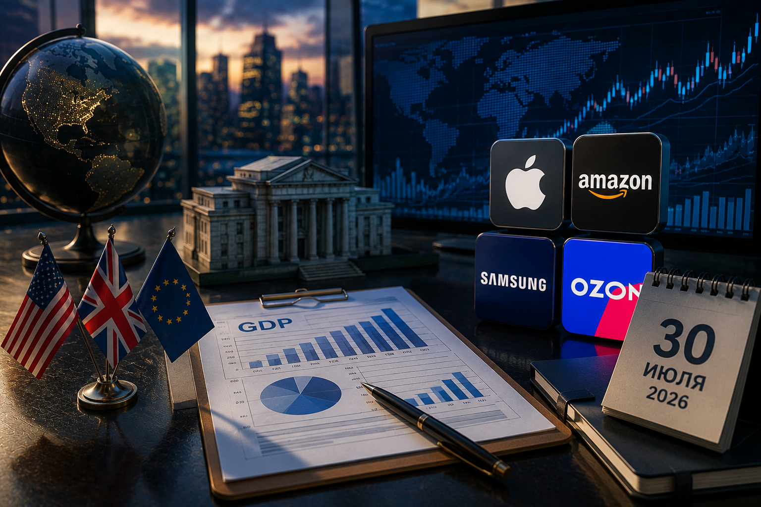 経済イベントと企業の決算報告：2026年7月30日木曜日 - 米国GDP、イギリス銀行の決定、Apple、Amazon、Samsung、Ozonの報告