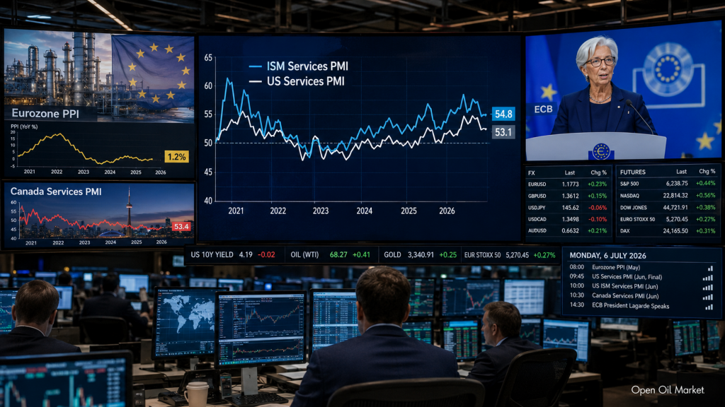 2026年7月6日の経済カレンダー：米国ISMサービスPMI、ユーロ圏PPI、カナダPMI、ECB総裁クリスティン・ラガルドの発言と投資家の反応