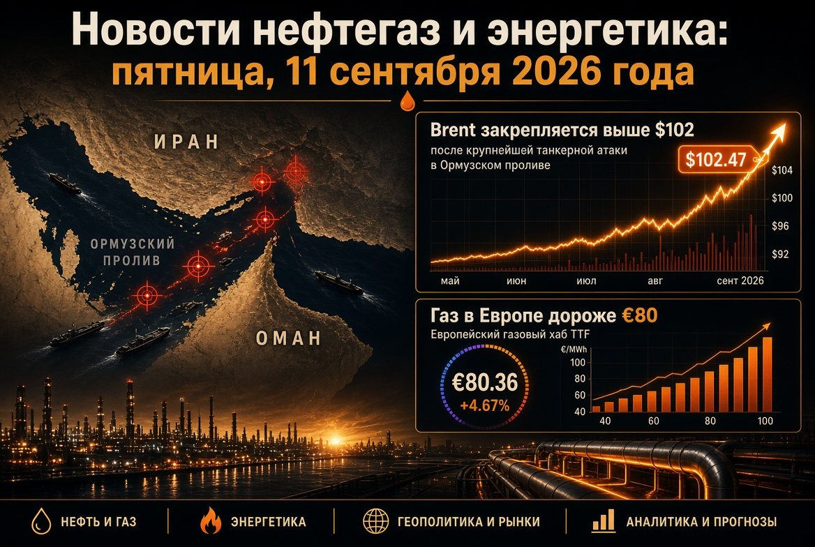 エネルギーと石油ニュース: 2026年9月11日金曜日 — ブレントはホルムズ海峡での最大のタンカー攻撃後に$102を超え、ヨーロッパではガスが€80を超えます。