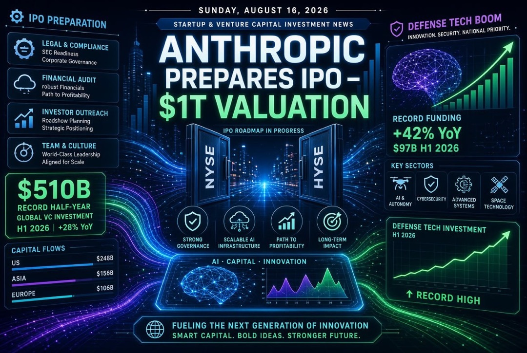 スタートアップとベンチャー投資のニュース - 2026年8月16日: Anthropicが1兆ドルのIPOを準備中、上半期の5100億ドルの記録と防衛技術のブーム
