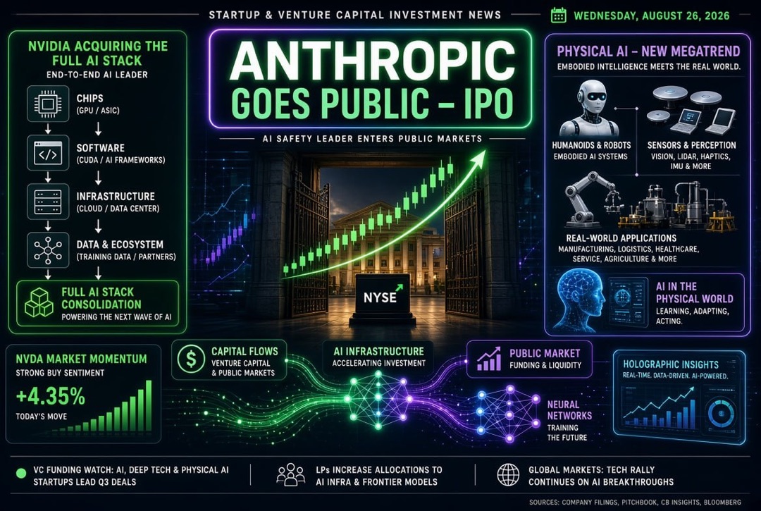 スタートアップとベンチャー投資のニュース — 2026年8月26日：AnthropicのIPO、Nvidiaが全AIスタックを取得、物理的AIが新しいメガトレンドに