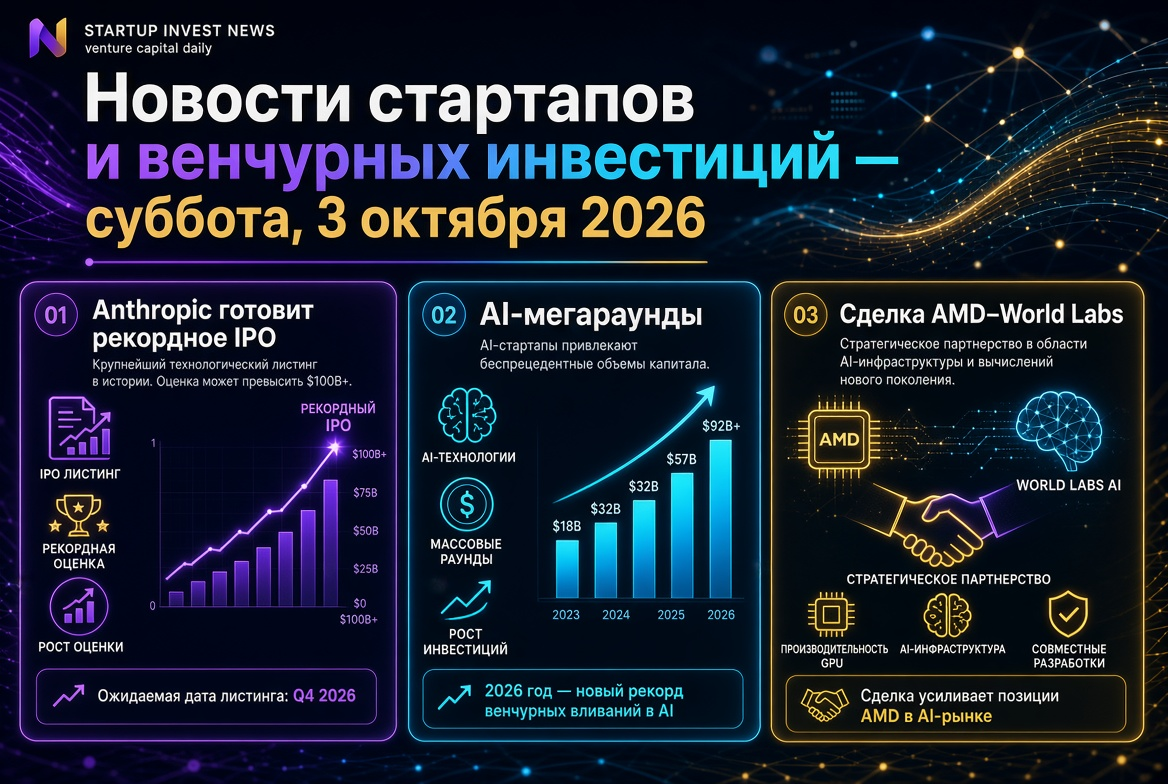 スタートアップとベンチャー投資のニュース — 2026年10月3日土曜日：Anthropicが記録的IPOを準備、AIメガラウンドとAMD–World Labsの取引