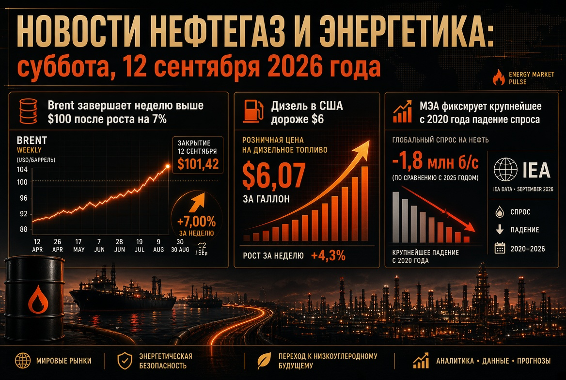 石油・ガス・エネルギーのニュース：2026年9月12日土曜日 — ブレントが100ドルを超え、7％の上昇後、アメリカのディーゼルが6ドルを超え、IEAが2020年以来最大の需要減少を記録