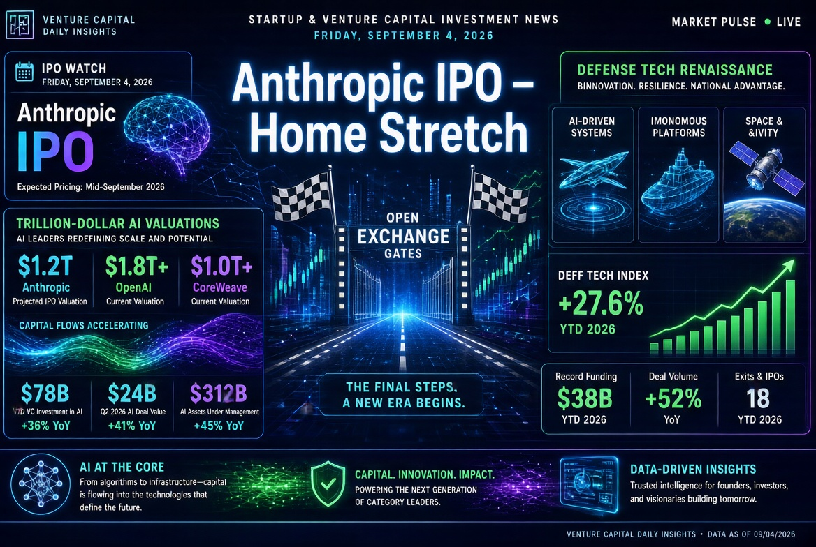 スタートアップとベンチャー投資のニュース — 2026年9月4日：Anthropicの最終段階IPO、AIの1兆ドル評価と防衛技術のルネサンス