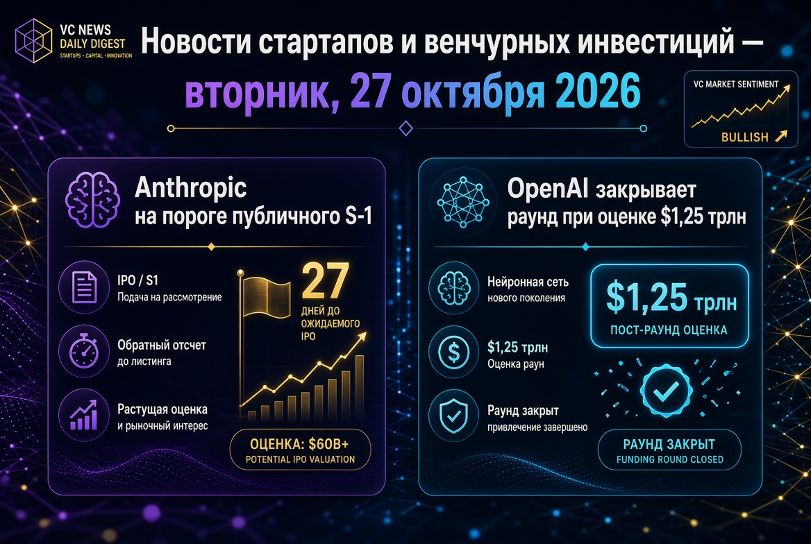 スタートアップとベンチャー投資のニュース — 2026年10月27日: Anthropicが公開S-1の門出、OpenAIが1.25兆ドルの評価でラウンドを締めくくる