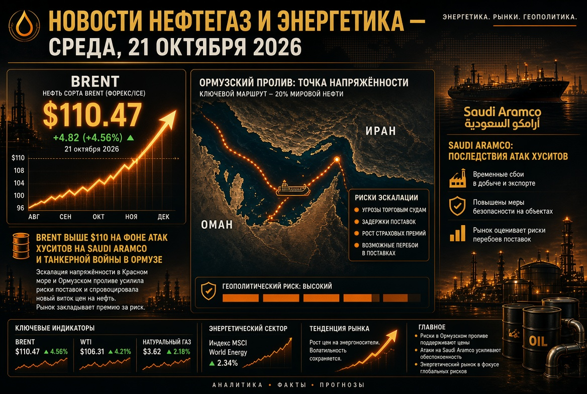 石油・ガスおよびエネルギーのニュース — 2026年10月21日：ブレントが110ドルを超えるフーシ派の攻撃とタンカー戦争を背景に