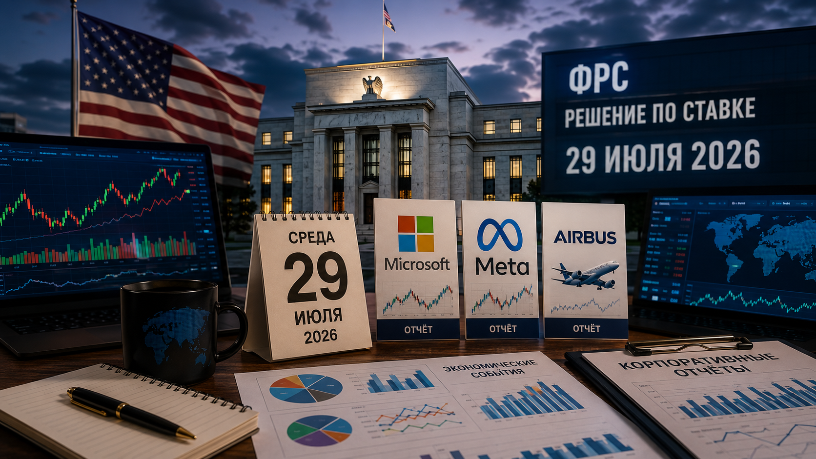 経済イベントと企業報告：2026年7月29日（水曜日） — FRBの金利決定、Microsoft、Meta、Airbusの報告