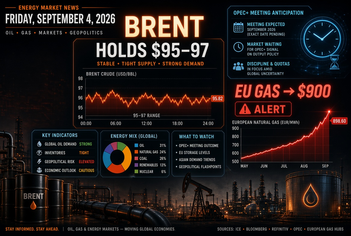 石油・ガスおよびエネルギーのニュース - 2026年9月4日金曜日：ブレントはOPEC+会議を前に95-97ドルを維持し、ヨーロッパのガスは900ドルを打破中