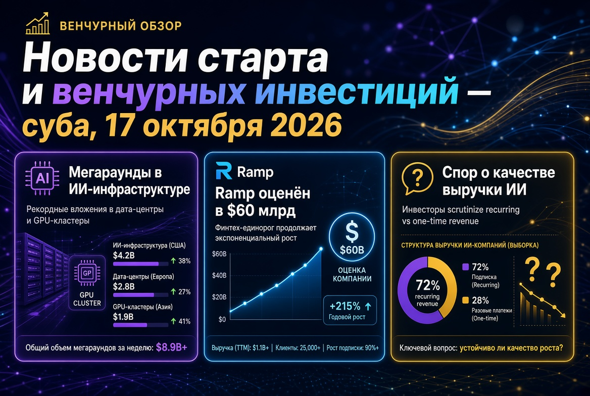スタートアップとベンチャー投資のニュース — 2026年10月17日（土曜日）: AIインフラストラクチャーのメガラウンド、Rampの600億ドル評価と収益質の論争