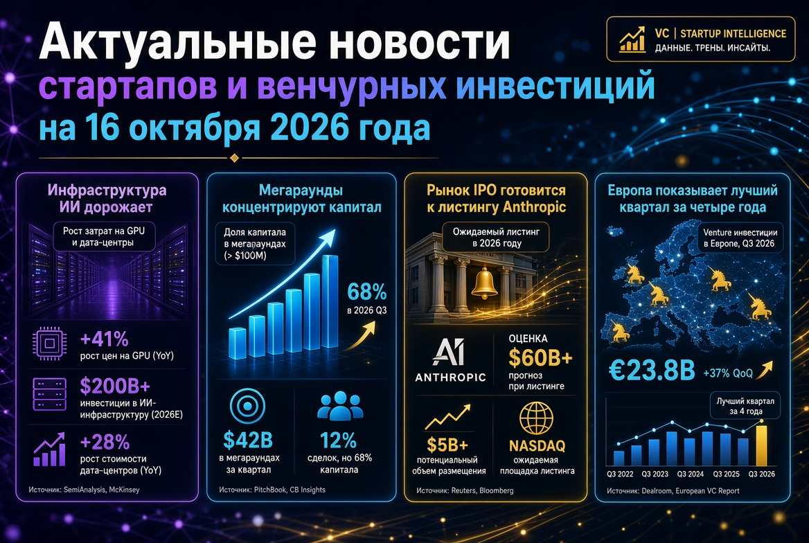 2026年10月16日のスタートアップとベンチャー投資に関する最新ニュース：AIインフラの高騰、メガラウンドによる資本の集中、IPO市場のAnthropic上場準備、そしてヨーロッパは過去4年間で最高の四半期を示しています。
