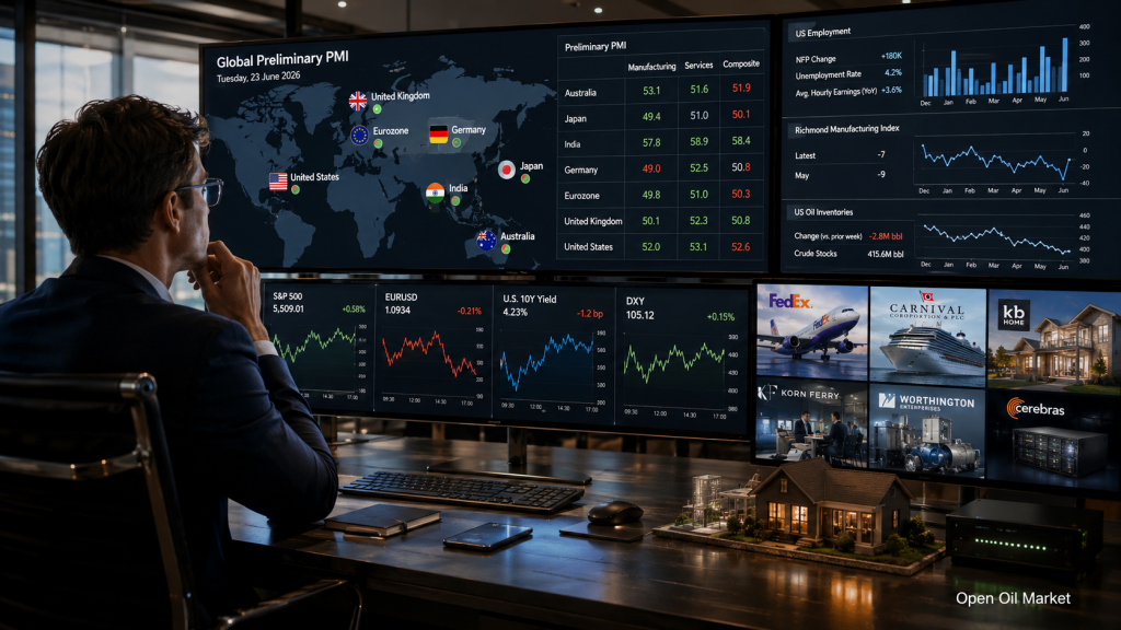 経済イベントと企業レポート：2026年6月23日火曜日 - グローバルPMI、アメリカの労働市場、FedEx、Carnival、KB Home