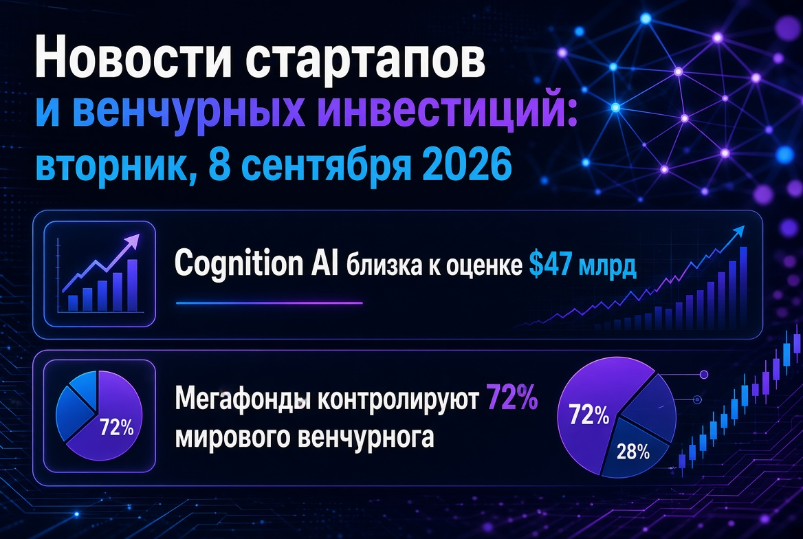 スタートアップとベンチャー投資のニュース：火曜日、2026年9月8日 — Cognition AIは470億ドルの評価に近づき、メガファンドは世界のベンチャー市場の72%を支配しています。